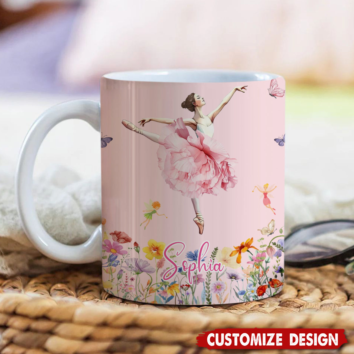 Personalized Birth Flower Butterfly Ballet Girl Coffee Mug