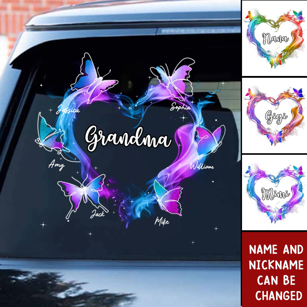 Grandma Mom Colorful Smoke Heart Butterflies Personalized Sticker Decal