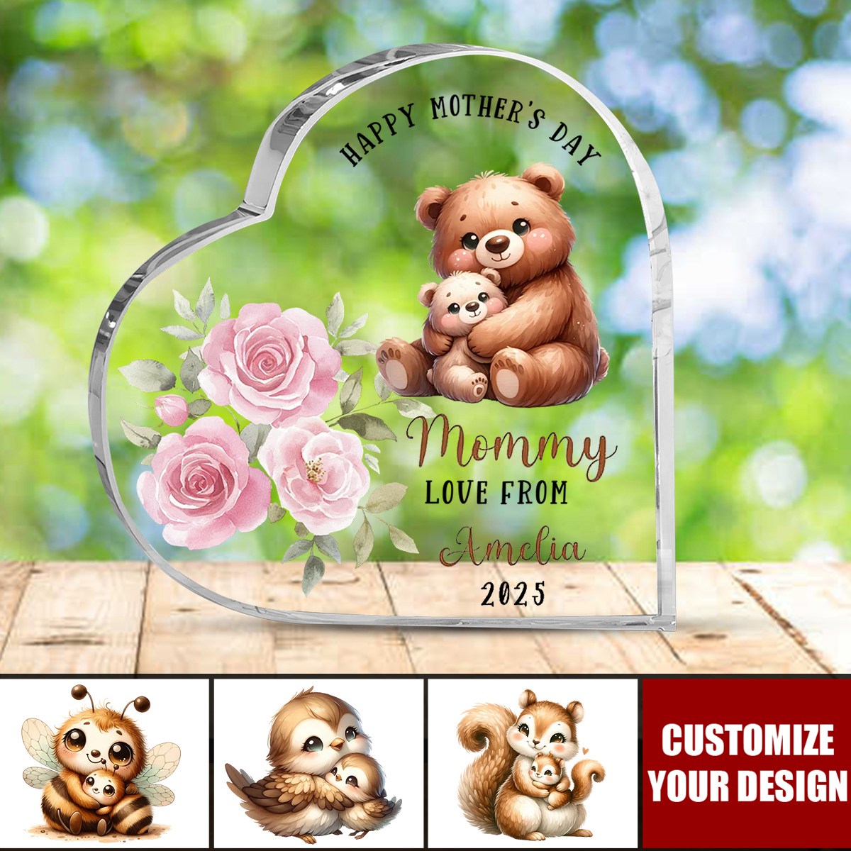 Personalized Happy 1st Mother's Day Cute Animal Heart-shape Acrylic Plaque with Name Desk Decor Mother's Day Birthday Gift for Mom