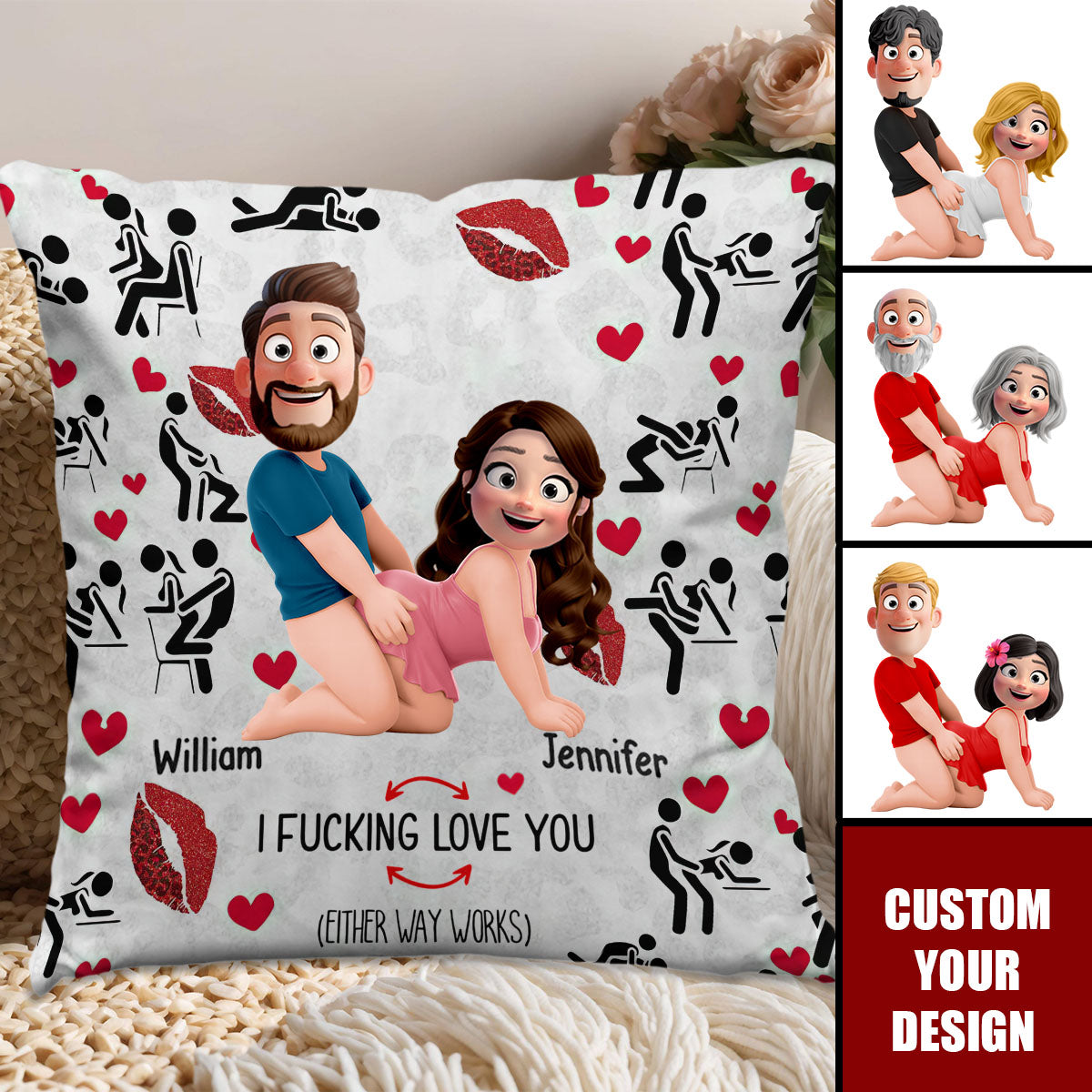 I Love You - Naughty Personalized Cartoon Couple Throw Pillow