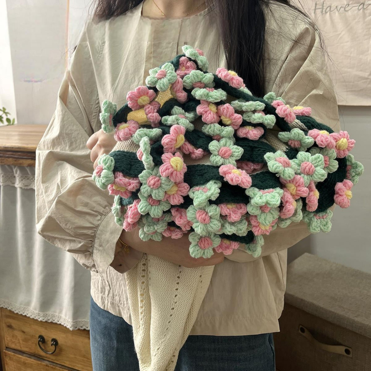 Hand-Knitted Daisy Blanket Bouquet Blanket Ready-Made Hand-Woven Flower Blanket, Gift For Mother And Girlfriend
