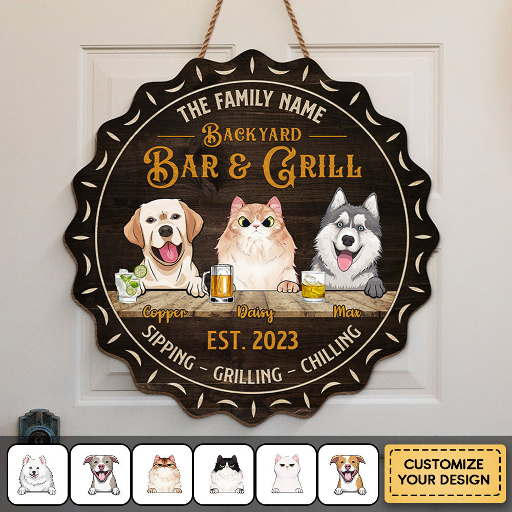 Family Pet Bar & Grill - Dog & Cat Personalized Custom Shaped Home Decor Wood Sign - House Warming Gift For Pet Owners, Pet Lovers