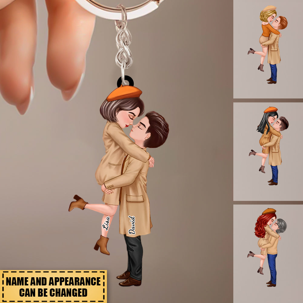 Doll Couple Hugging Kissing In Fall Anniversary Gift- Personalized Keychain