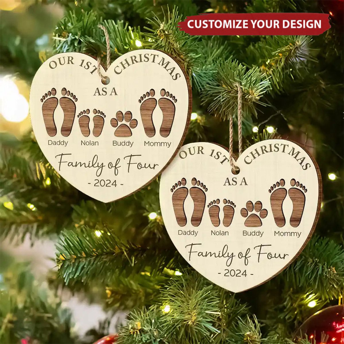 First Christmas As A Family Of Four Footprints - 2024 New Release Personalized Custom Shaped Wooden Ornament