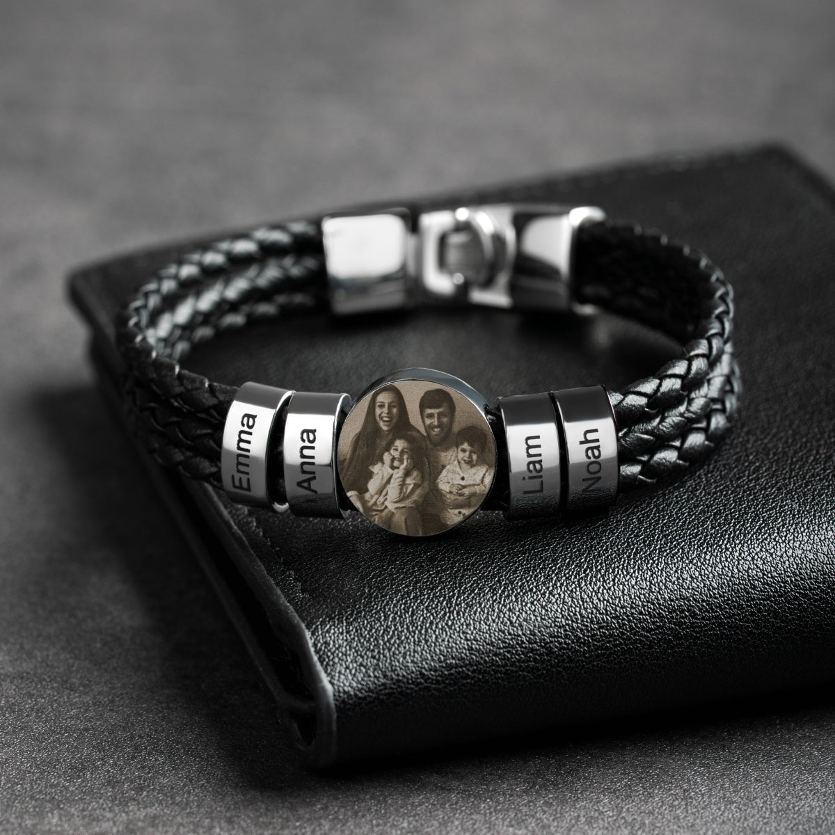 Leather Photo Men Bracelet with Name Beads - Personalized Gifts for Dad Grandpa