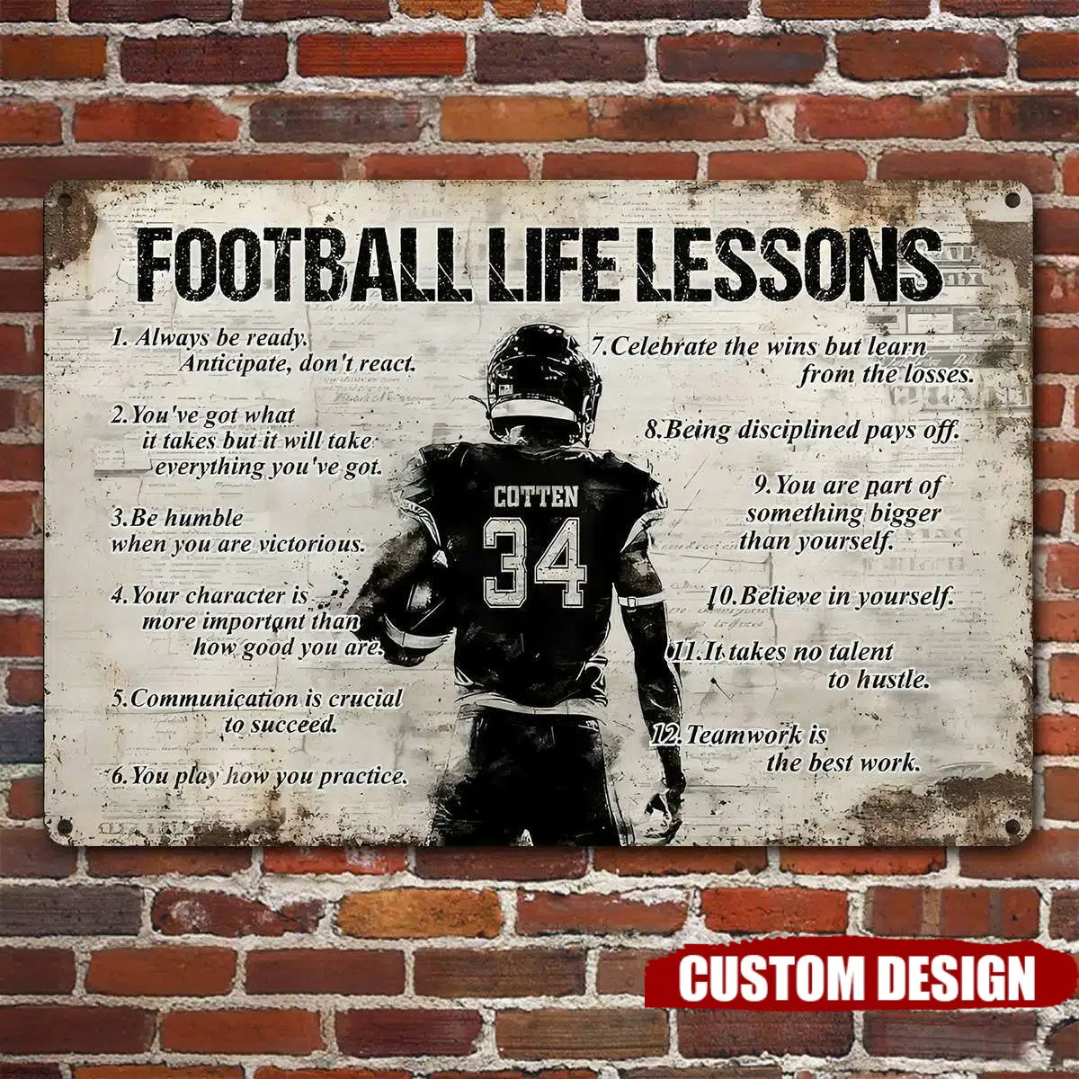 Personalized Football Man Metal Sign, Inspirational Football Life Lessons Sports Sign, Field Decor Gift For Football Lovers