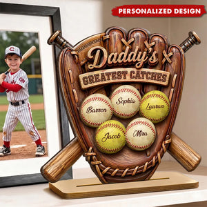 Daddy's Greatest Catches Baseball Softball-Personalized Wooden Plaque-Father's Day Gift for Husband, Dad