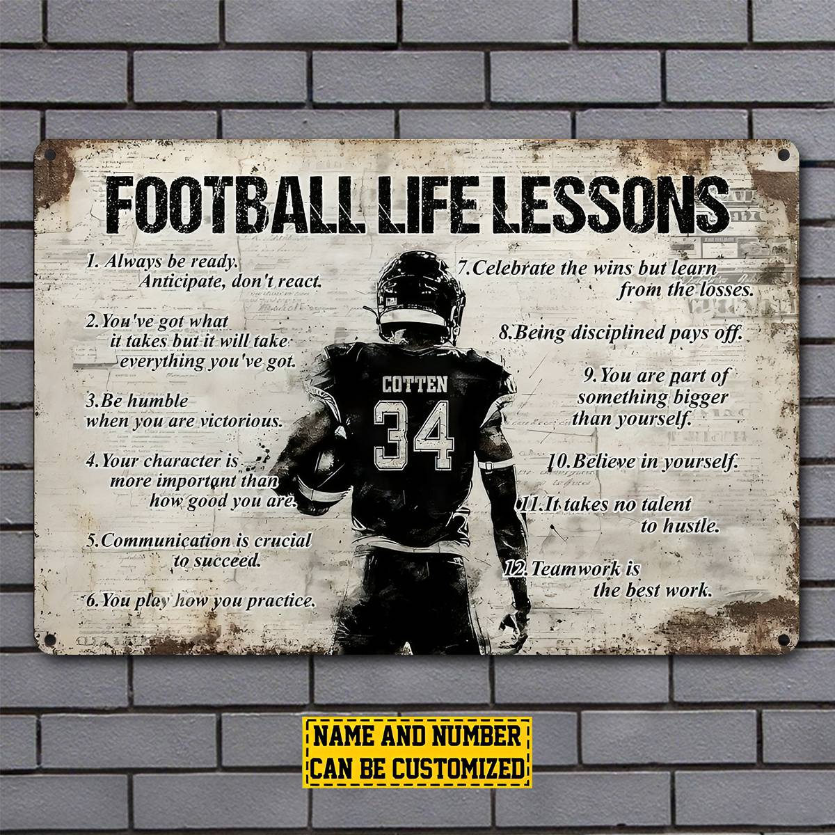 Personalized Football Man Metal Sign, Inspirational Football Life Lessons Sports Sign, Field Decor Gift For Football Lovers