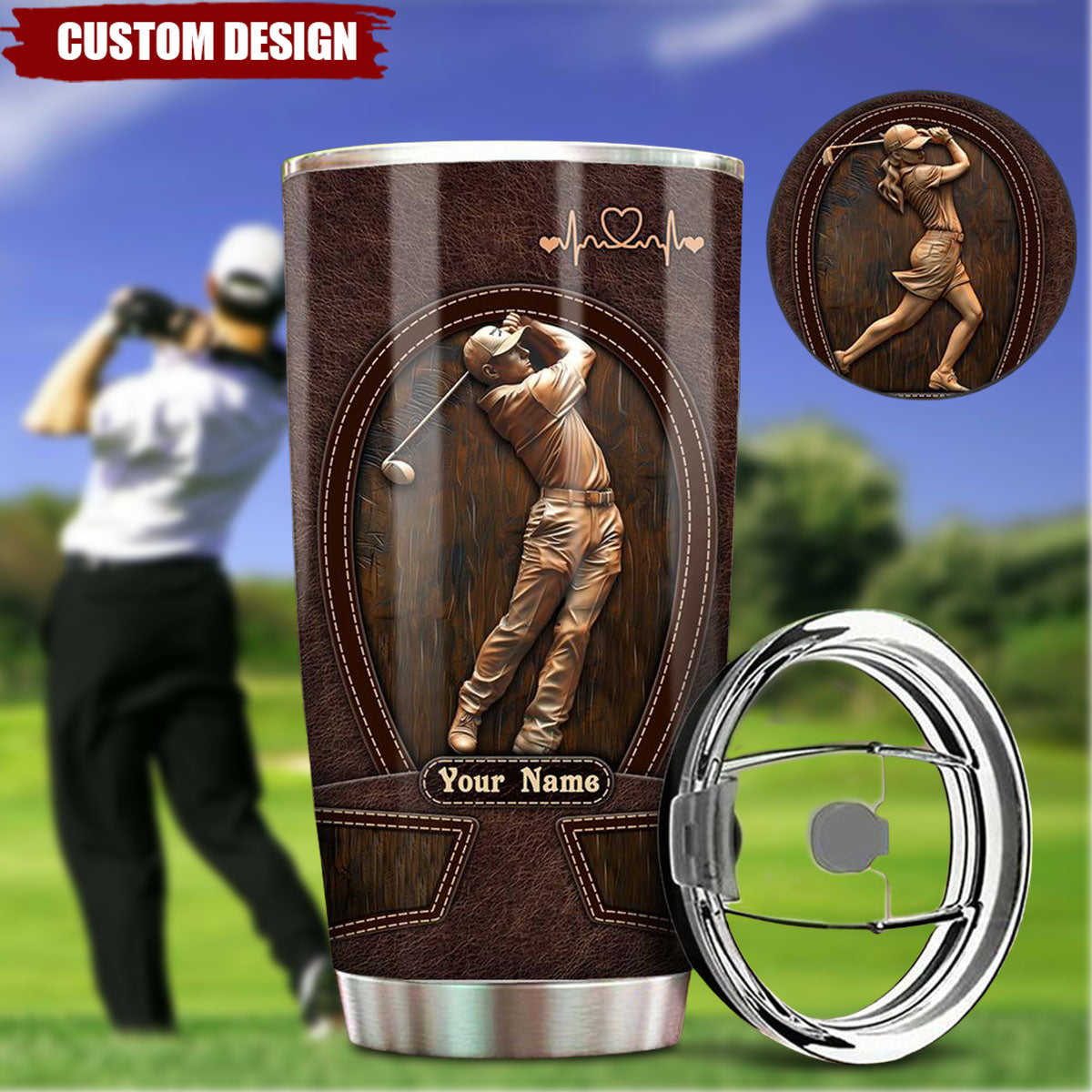 Golf Lovers Leather Pattern Personalized Stainless Steel Tumbler