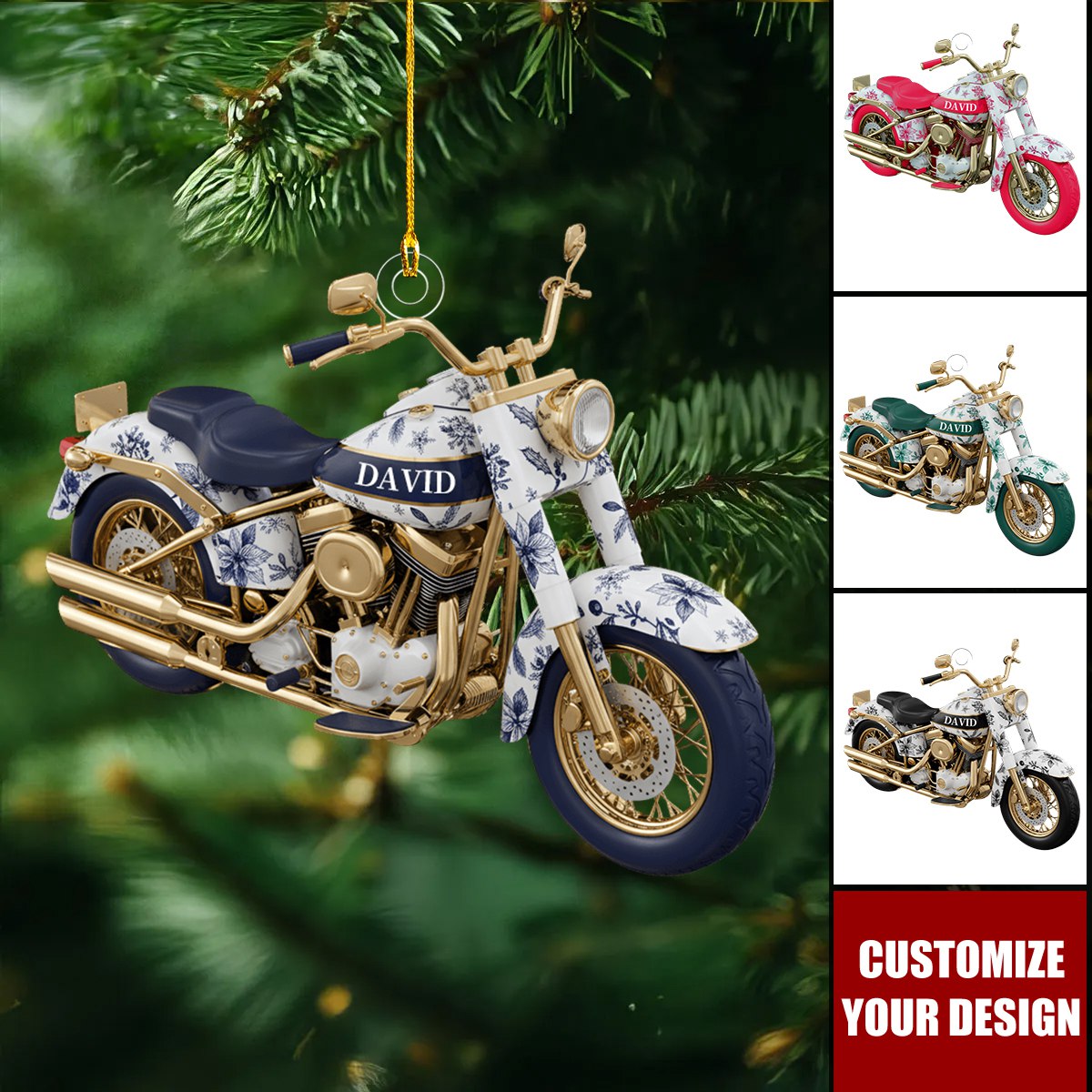Motorcycle Toile de Jouy Christmas Ornament Personalized Gifts for Bikers