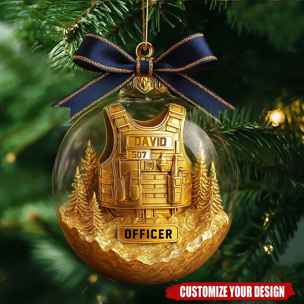 Personalized Police Officer Ornament with Golden Vest, Law Enforcement Xmas Gift