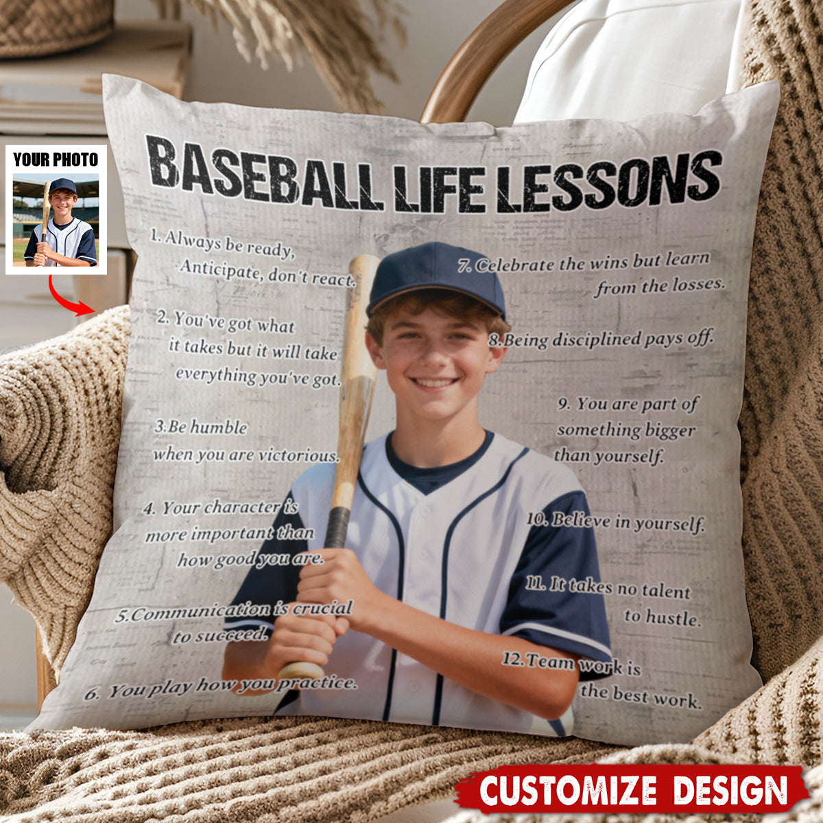 Personalized Baseball Life Lessons Upload Photo Pillow-Gift For Baseball Lovers