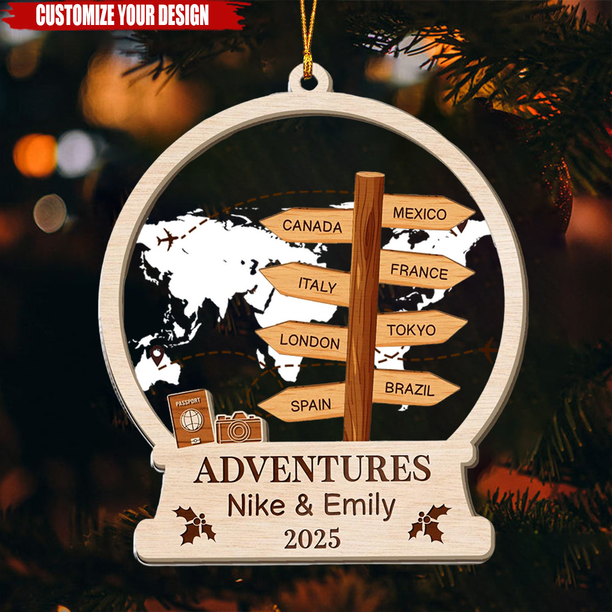 Personalized Travel Adventure Ornament, Custom Destination Christmas Ornament, Holiday Gift for Travelers, Adventure Keepsake