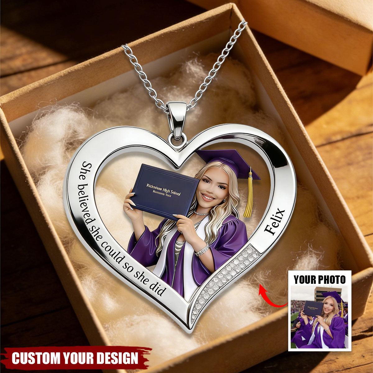 You Did It - Personalized Graduation Shaped Metal Pendant Necklace