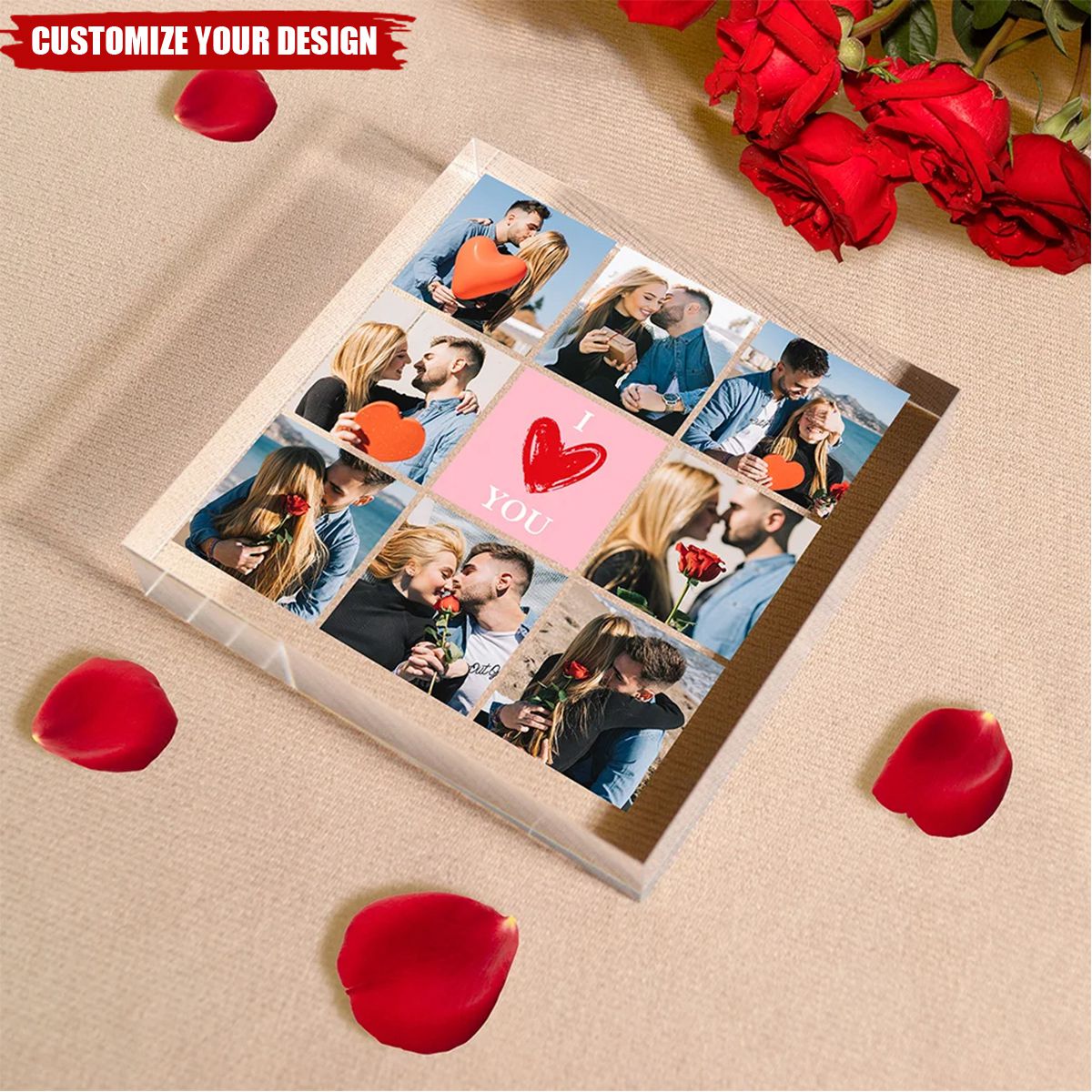 Personalised Heart I Love You 8 Photos Collage Square Acrylic Plaque Desk Decor Valentine's Day Anniversary Gift for Couple