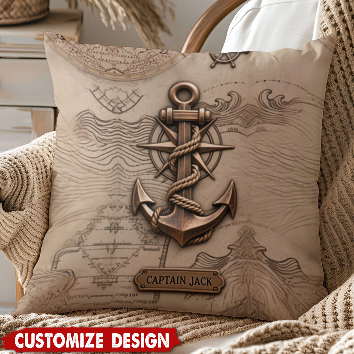 Nautical Anchor Vintage Nautical Map Fragment Personalized Pillow