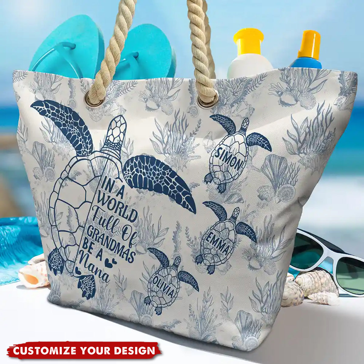 Toile De Jouy World Full Of Grandmas - Personalized Beach Bag