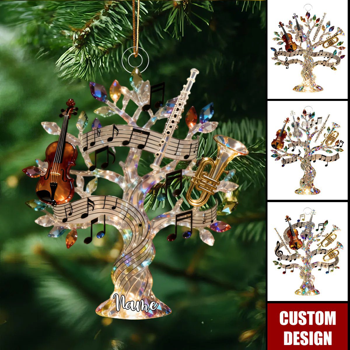 Personalized Crystal Music Tree Themed Ornament