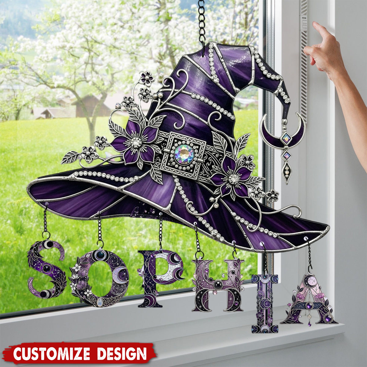 Floral With Hat - Personalized Witch Window Hanging Suncatcher With Custom Charms