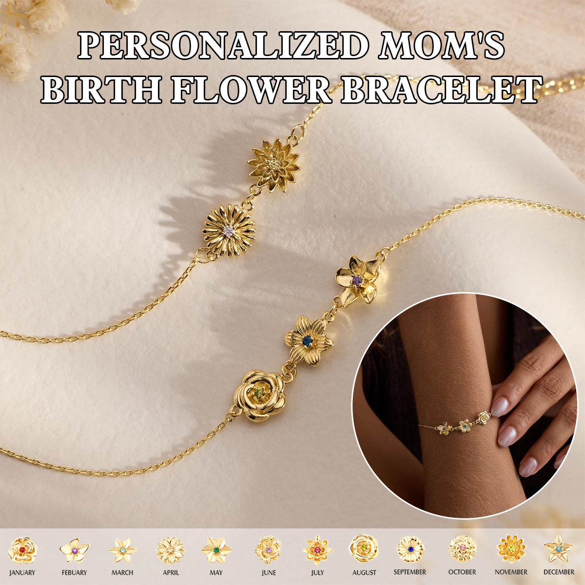 Personalized Birthflower Bracelet-Mother's Gift for Her