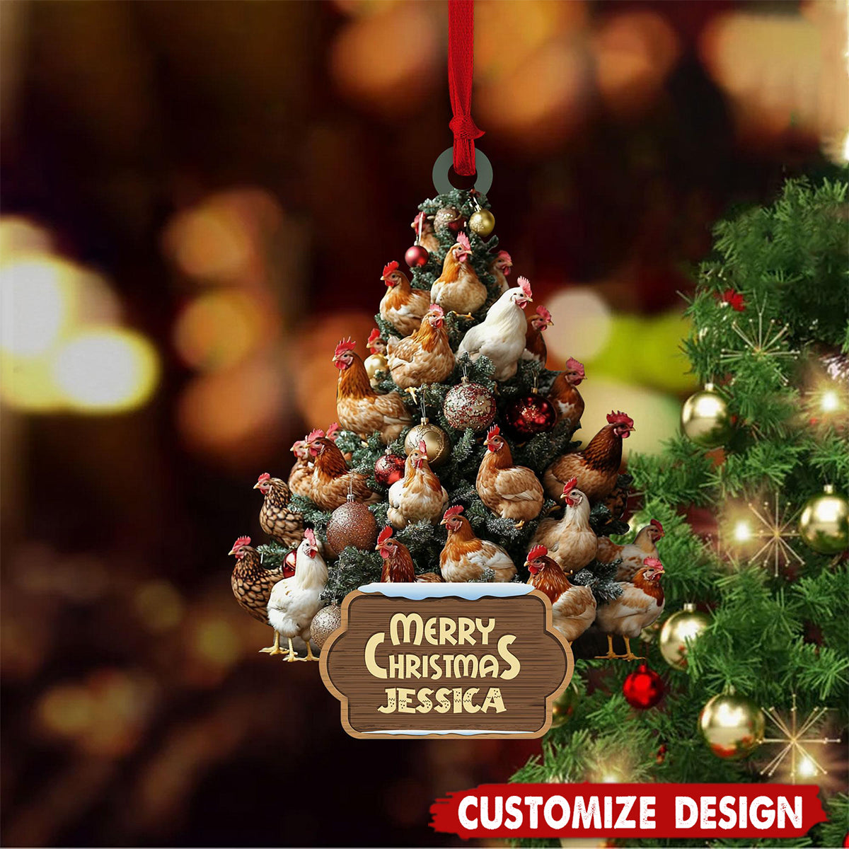 Personalized Chicken 2D Flat Ornament, Custom Farmhouse Christmas Tree Ornament, Farm Christmas Home Decor, Xmas Gift for Farmer