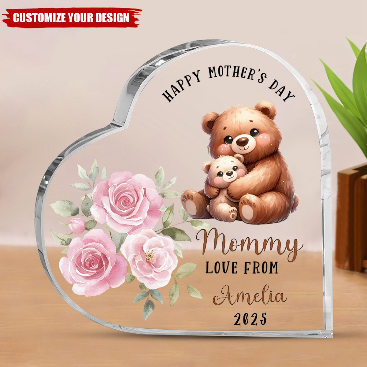 Personalized Happy 1st Mother's Day Cute Animal Heart-shape Acrylic Plaque with Name Desk Decor Mother's Day Birthday Gift for Mom