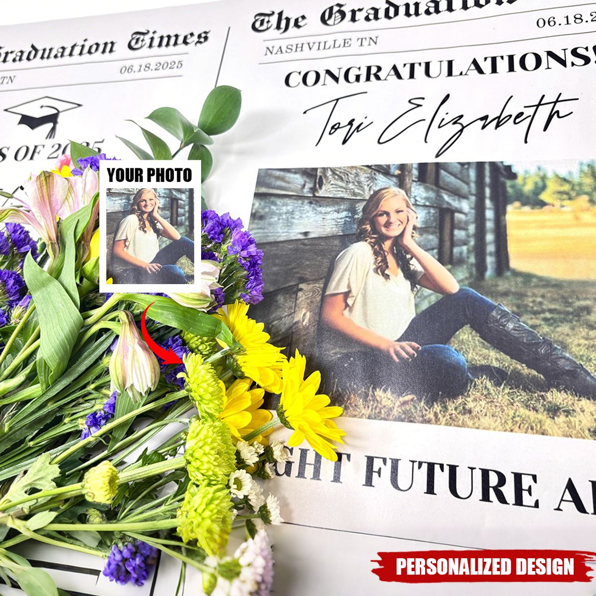 Personalized Printed Newspaper Bouquet Wrap-Graduation Gift, Class of 2025