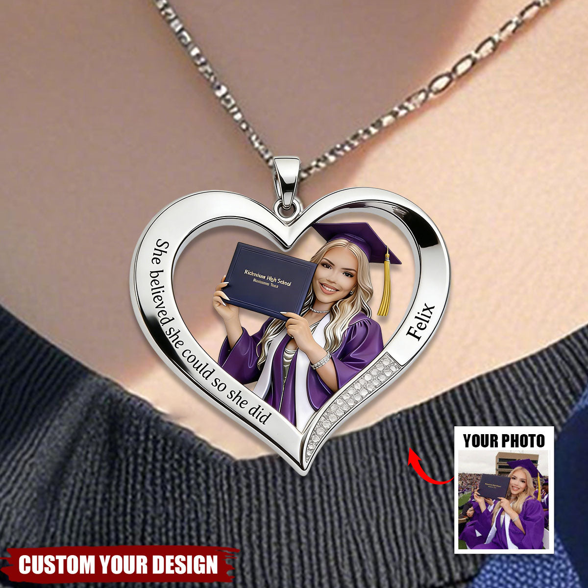 You Did It - Personalized Graduation Shaped Metal Pendant Necklace