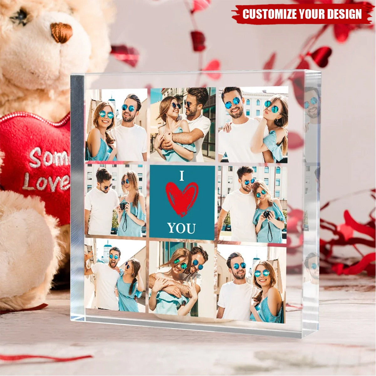 Personalised Heart I Love You 8 Photos Collage Square Acrylic Plaque Desk Decor Valentine's Day Anniversary Gift for Couple
