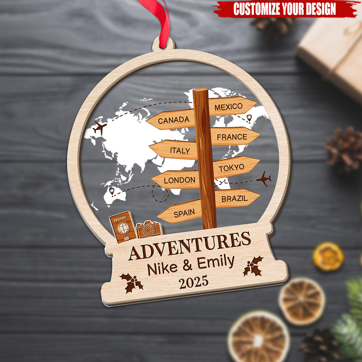 Personalized Travel Adventure Ornament, Custom Destination Christmas Ornament, Holiday Gift for Travelers, Adventure Keepsake