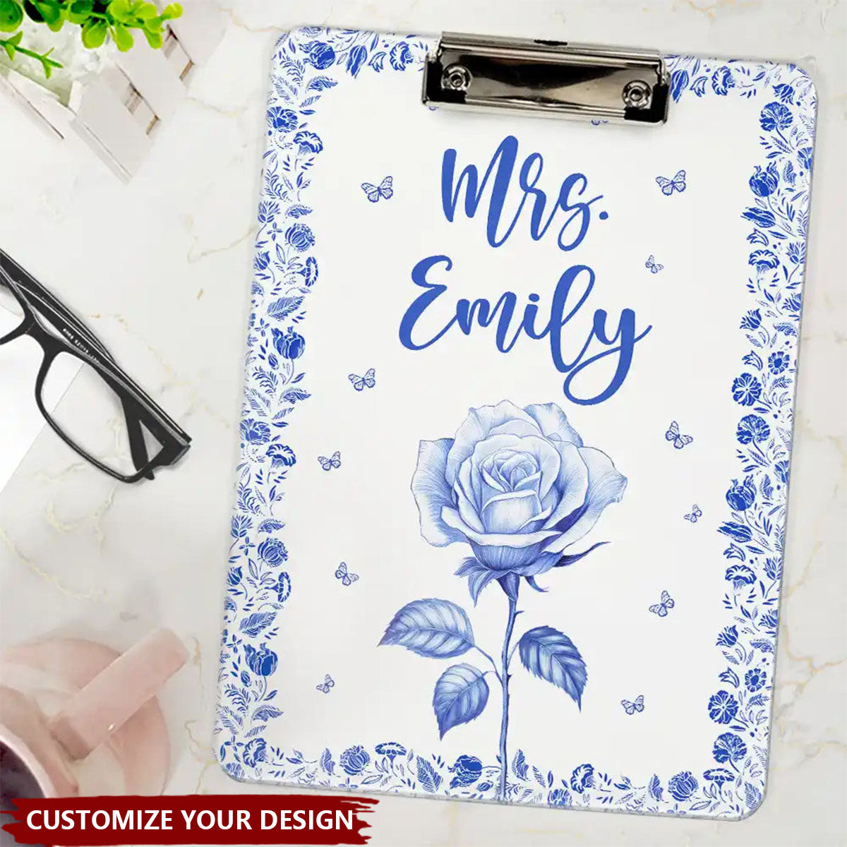 Birth Flower Chinoiserie Toile Art - Personalized Acrylic Clipboard