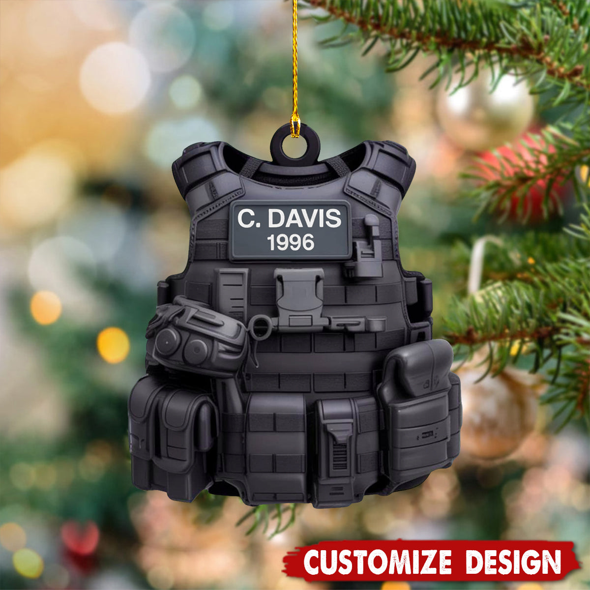 Personalized Tactical Vest Ornament with Name & Number – Custom Christmas Tree Decoration – Gift for Military, Police, Security Forces
