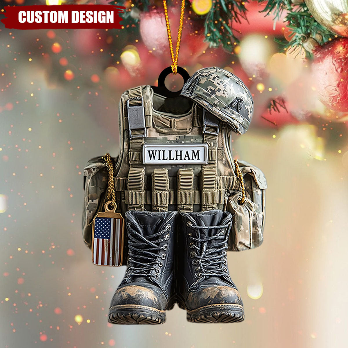 Military Uniform Ornament, Boots & Helmet Personalized Flat Ornament, Custom Veteran Ornament, Military Xmas Gift For Dad, 2D Flat Ornament
