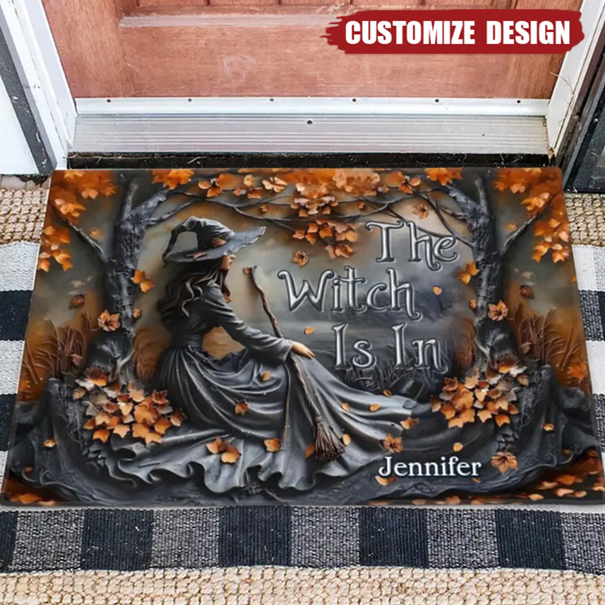 The Witch Is In - Personalized Witch Broom Doormat