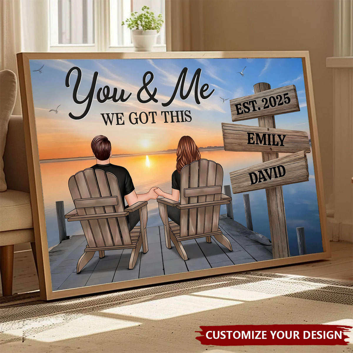 Personalized Seaside Poster Romantic Couple Back View Clear and Sturdy Love Memory Wall Décor Gift