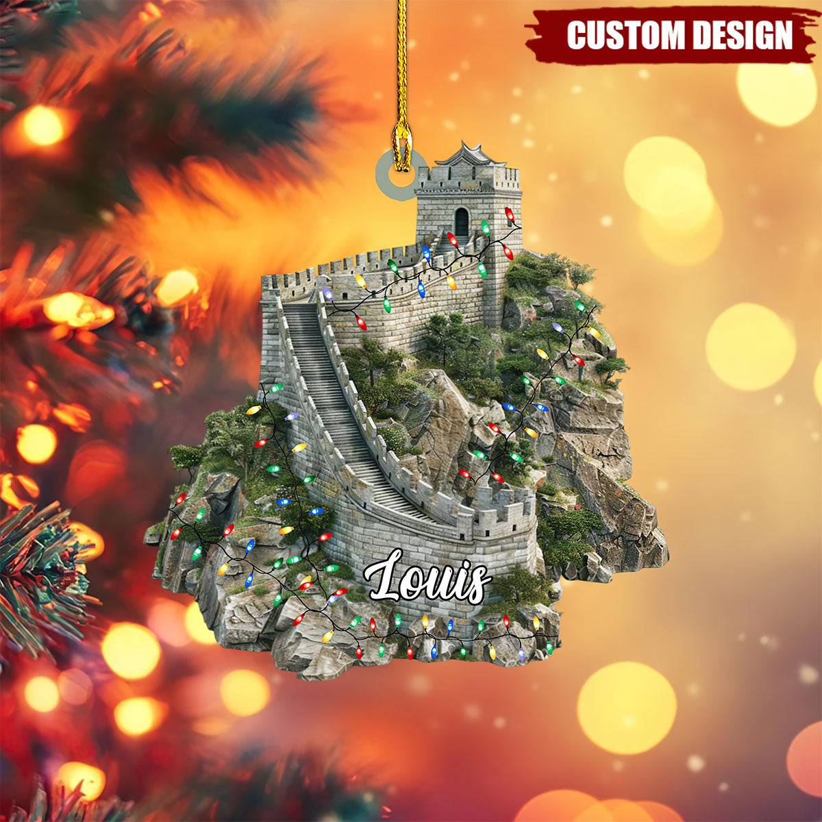 Custom Name Great Wall of China With Christmas Lights Personalized Ornament, Christmas Tree Hanging Decor, Christmas Ornament, Flat Ornament