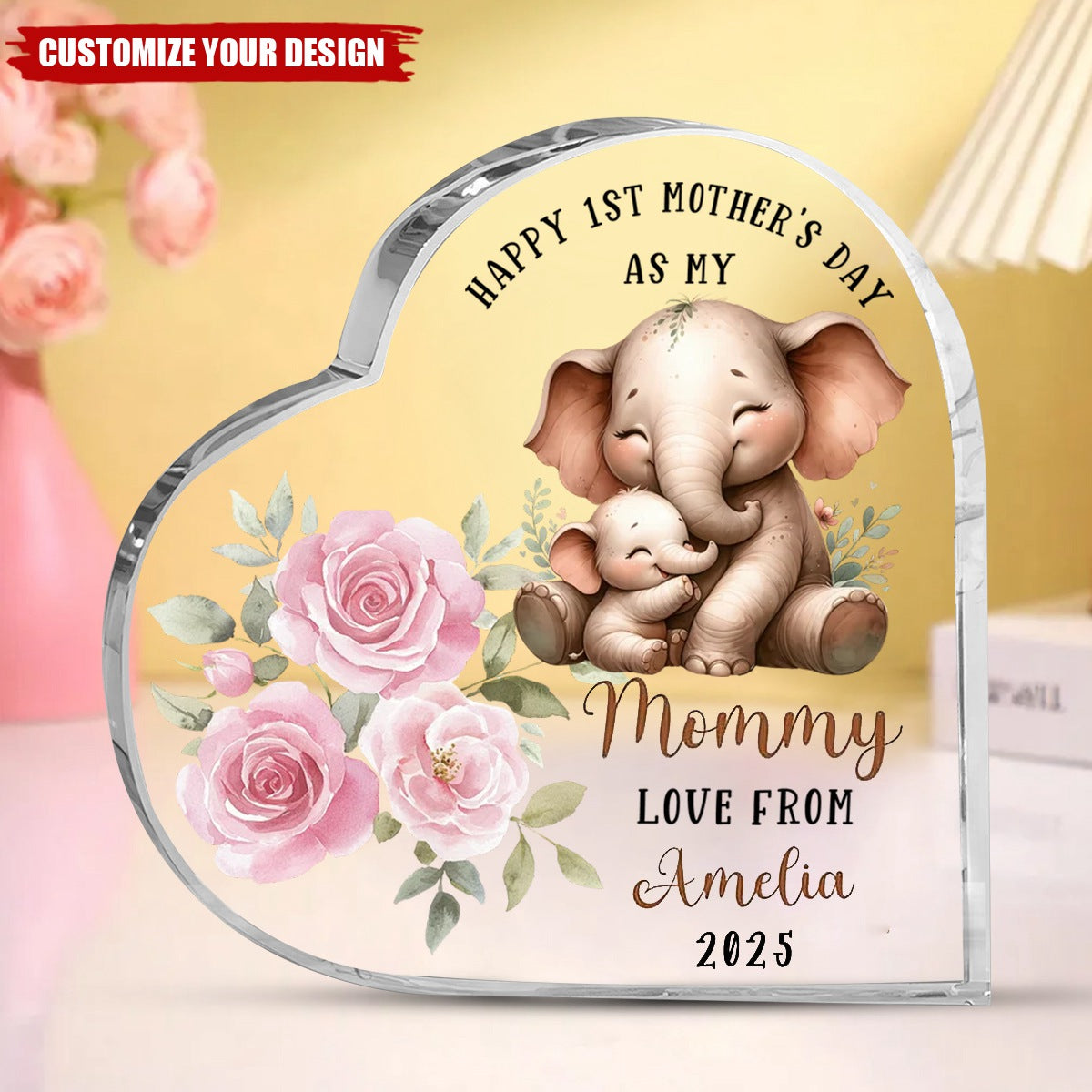 Personalized Happy 1st Mother's Day Cute Animal Heart-shape Acrylic Plaque with Name Desk Decor Mother's Day Birthday Gift for Mom