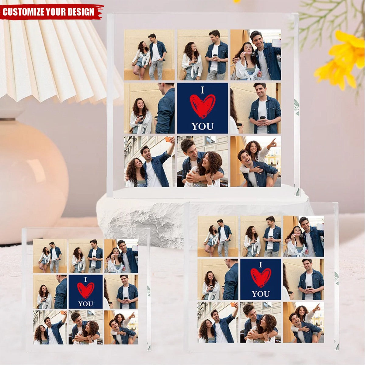 Personalised Heart I Love You 8 Photos Collage Square Acrylic Plaque Desk Decor Valentine's Day Anniversary Gift for Couple