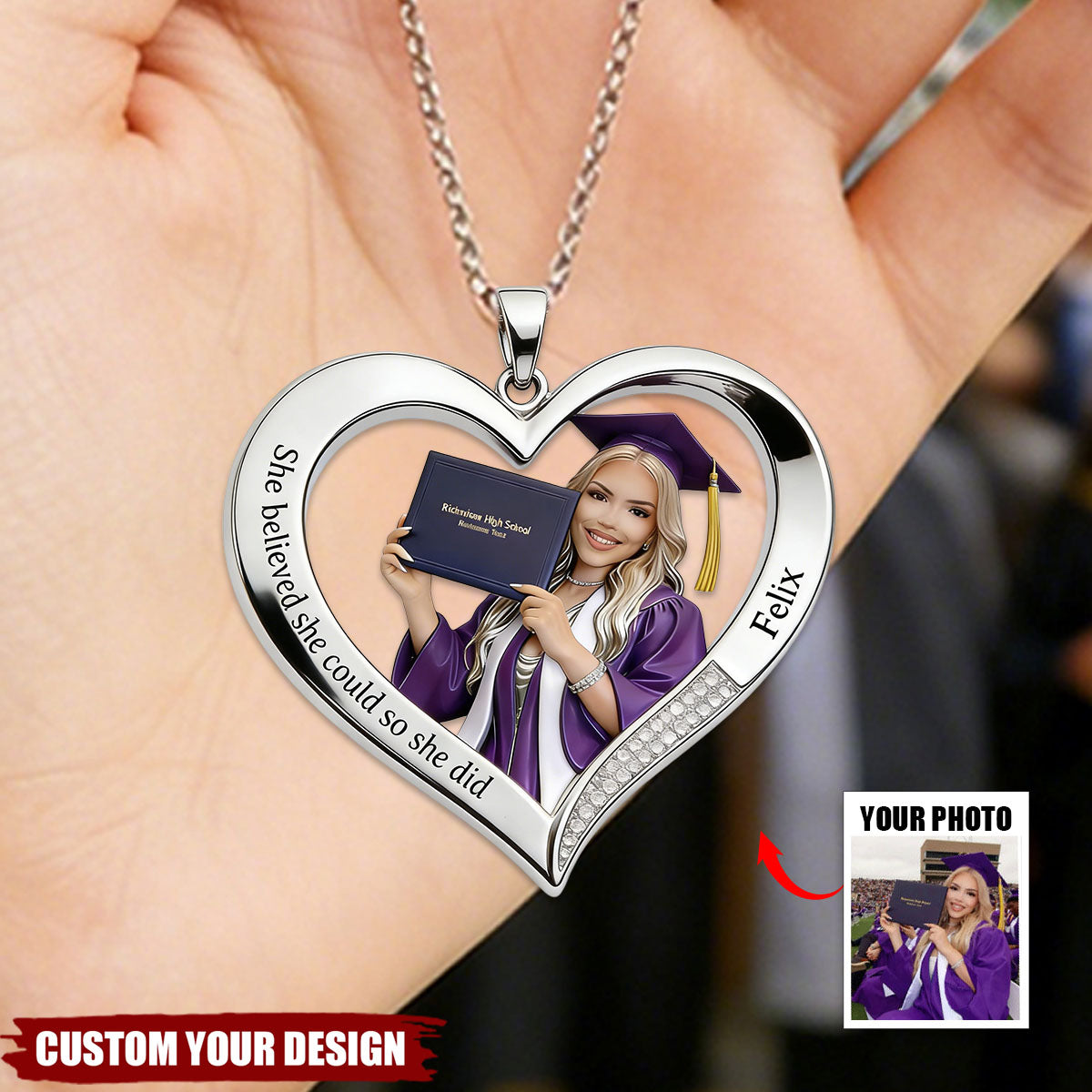 You Did It - Personalized Graduation Shaped Metal Pendant Necklace