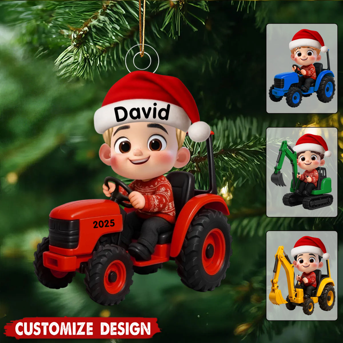 Little Boy Kid With Construction Vehicle Excavator Backhoe Tractor - Christmas Personalized Acrylic Ornament