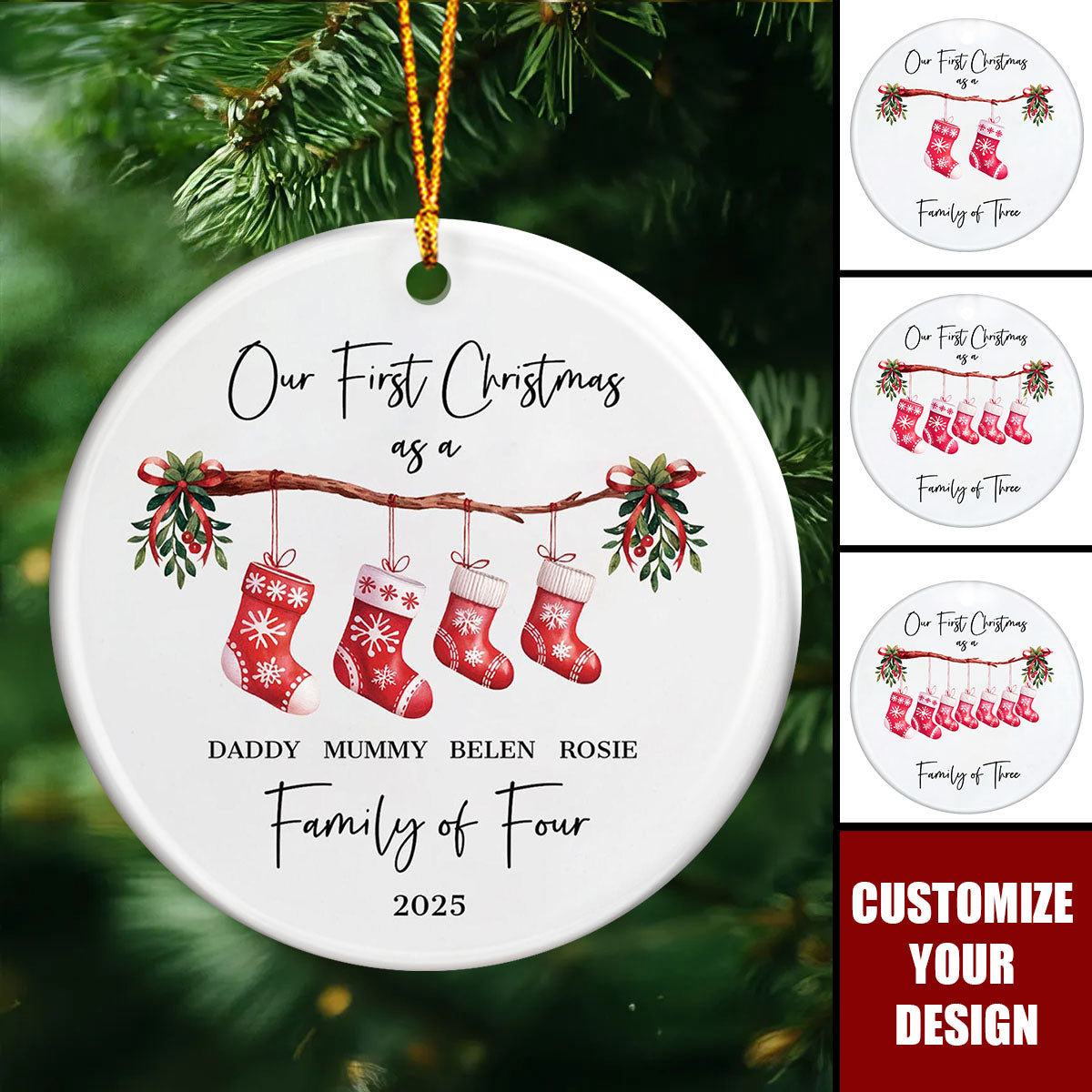Personalised First Christmas as a Family Ceramic Ornament, Baby First Christmas Tree Ornament