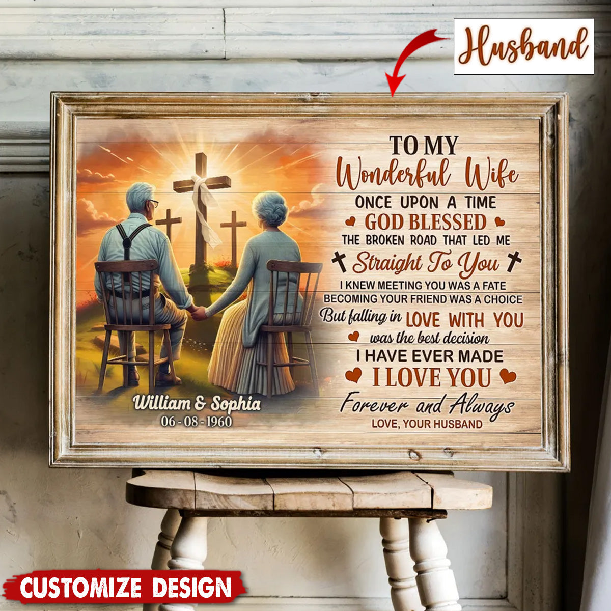 Cross God Gave Me You Old Couple Sitting Personalized Poster - Anniversary Gift For  Wife,Husband
