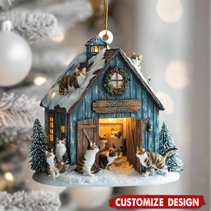 Personalized Cat Farm Ornament with Barn and Cats, Custom Christmas Decor for Cat Lovers, Pet Holiday Gift, Farmer Ornament