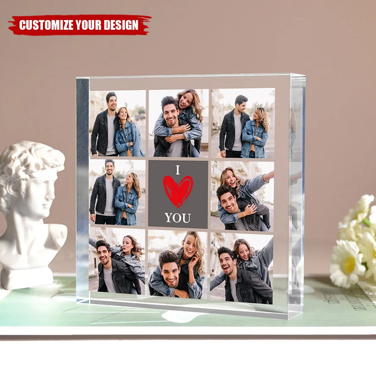 Personalised Heart I Love You 8 Photos Collage Square Acrylic Plaque Desk Decor Valentine's Day Anniversary Gift for Couple