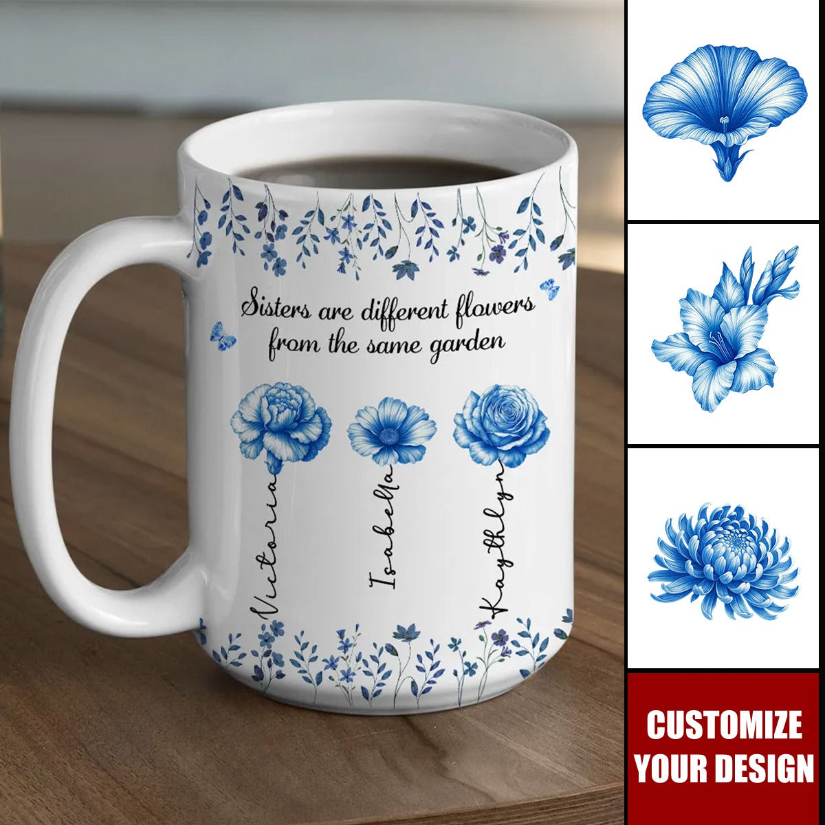 Sisters Are Different Flowers Toile De Jouy Style - Personalized Custom Coffee Mug