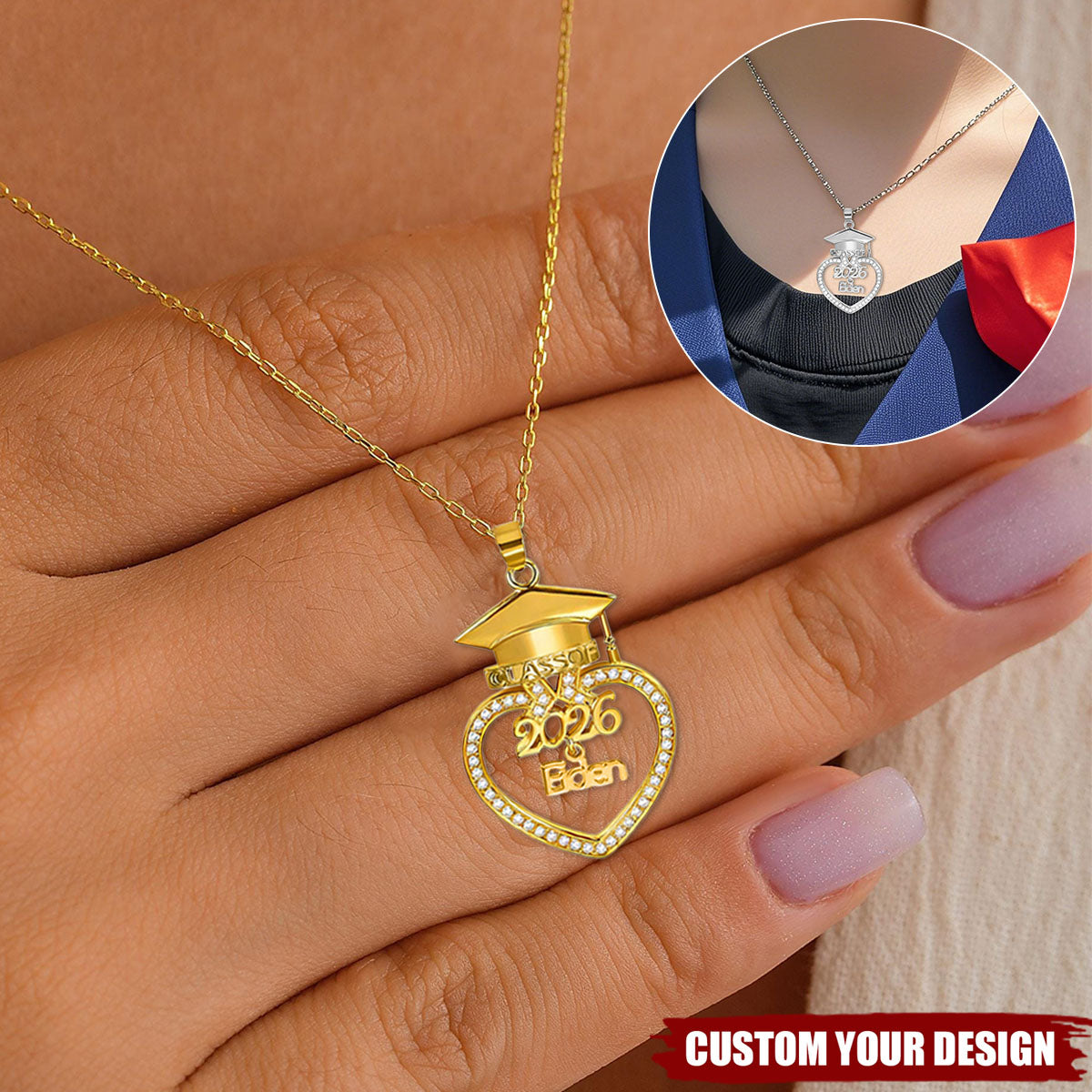 Personalized Graduation Cap Heart Necklace Bracelet with Name Class of 2026 Graduation Gift for Her