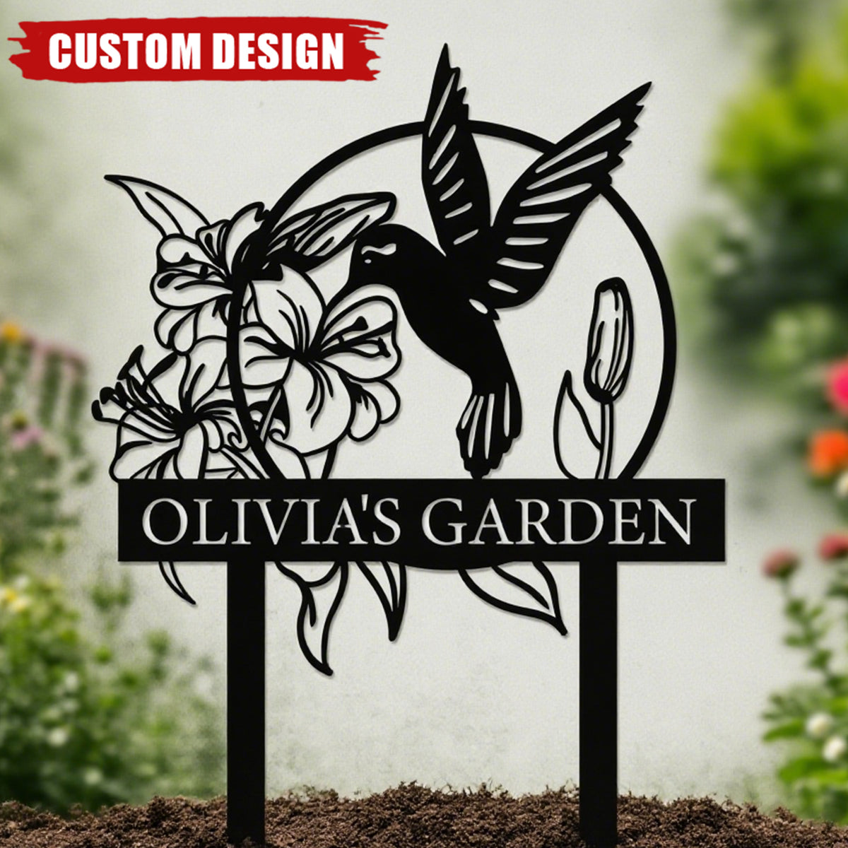 Hummingbird With Flower Personalized Metal Garden Sign