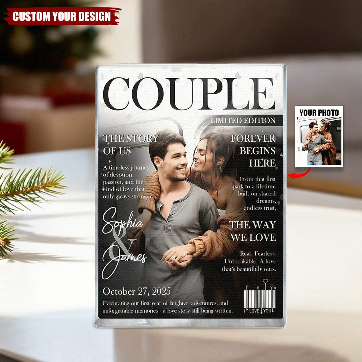 Personalized Love Story Couple Magazine Acrylic Block Plaque - Gift For Romantic Couple