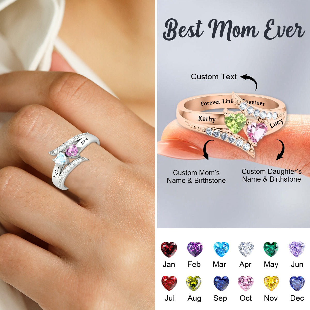 Forever Linked Together-Personalized Family Birthstones Ring-Gift For Mom/Daughter