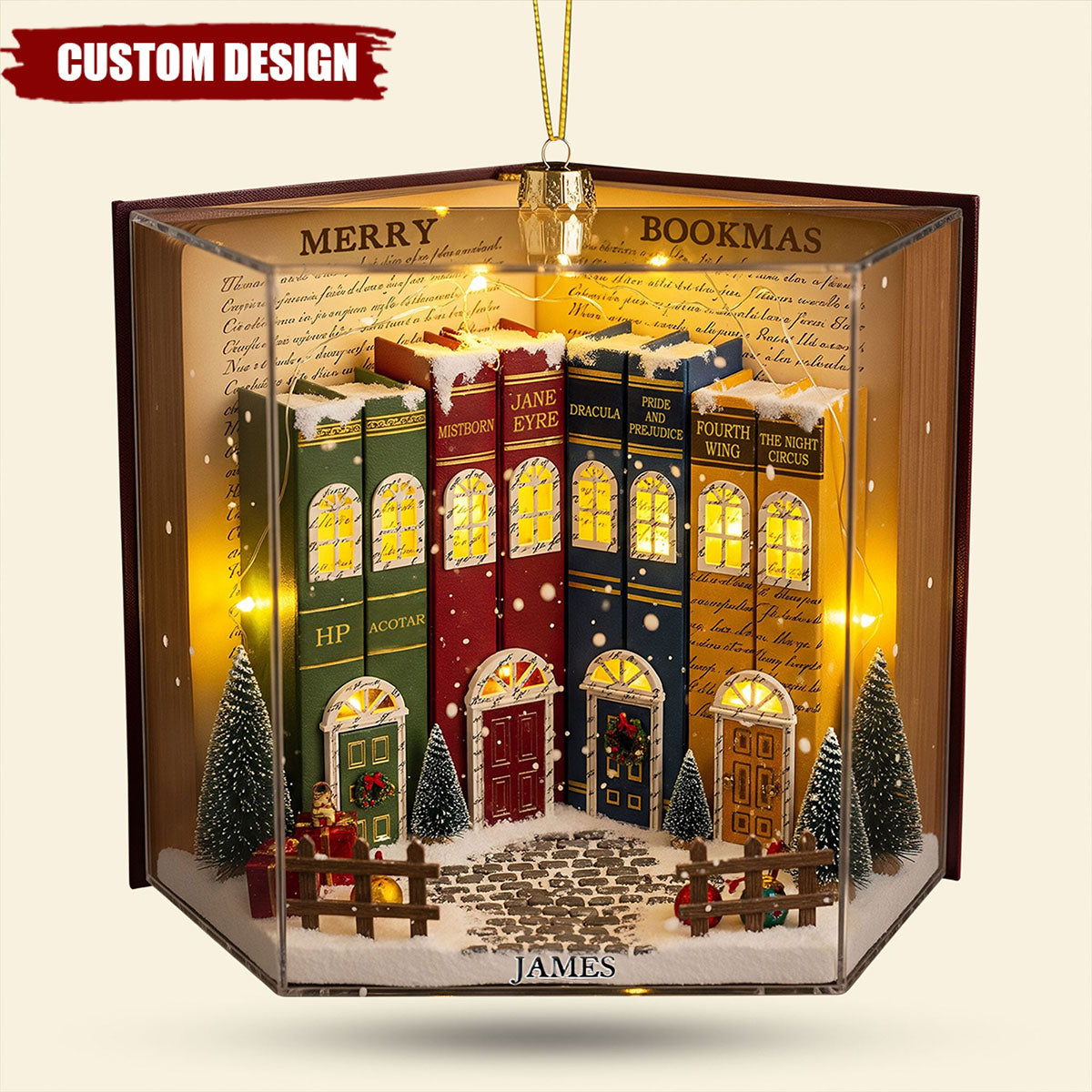 Book Town In A Jolly Christmas Night Acrylic Ornament, Personalized Gifts For Book Lovers